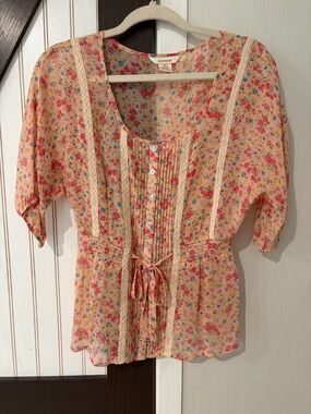 Sundance Floral Pintuck Tie-Waist Blouse in Peach 100% Silk Cottage Core Med